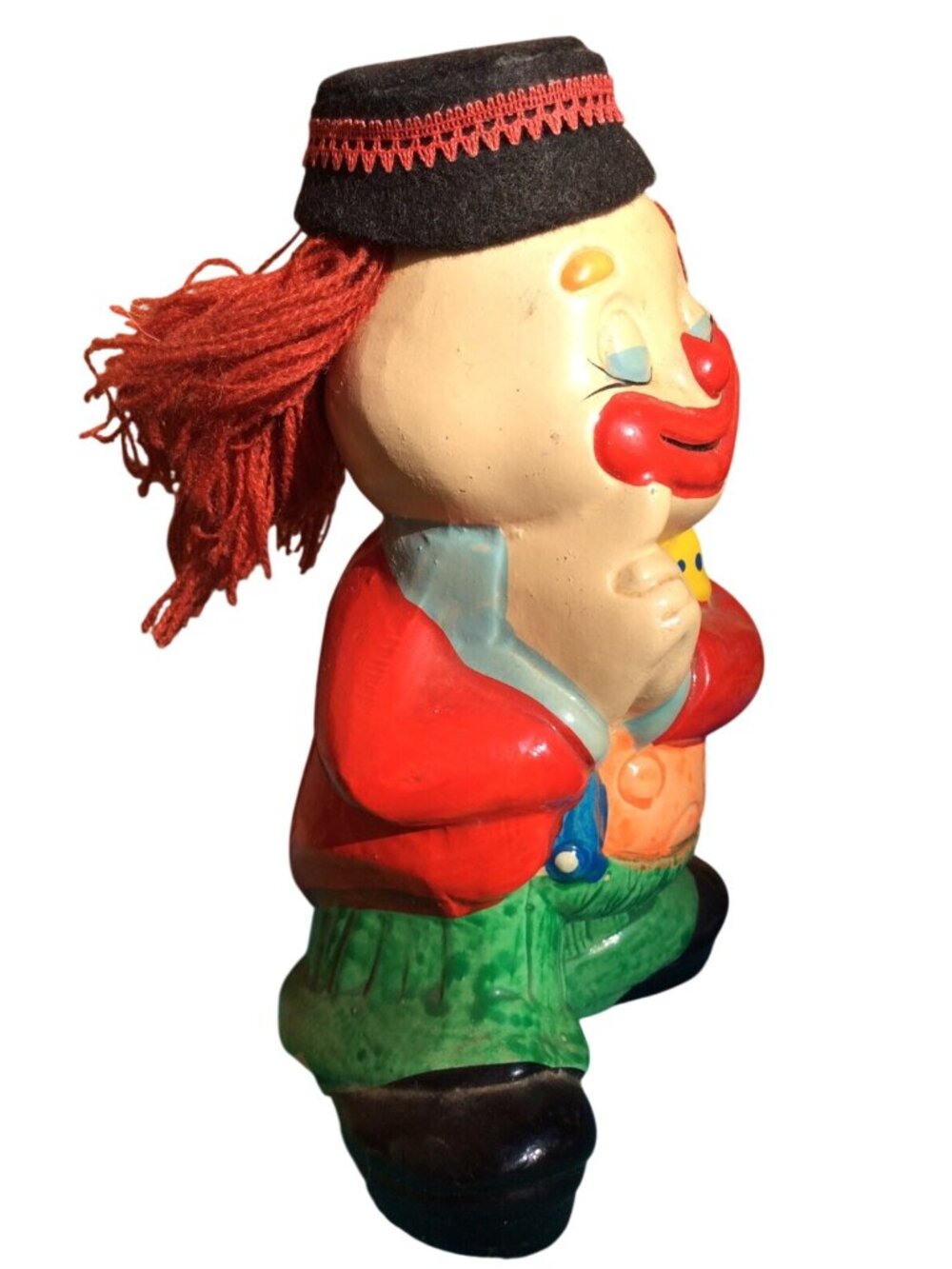 Vintage Ceramic Clown Coin Piggy Bank With Red Yarn Hair & Painted Outfit - Picture 2 of 8